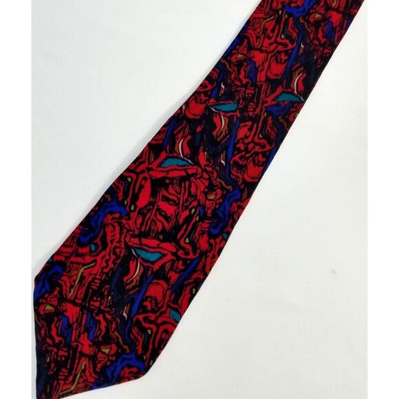 J. Garcia Mens Necktie Abstract Red Blue Silk Tie Hand Sewn In USA - Picture 1 of 8